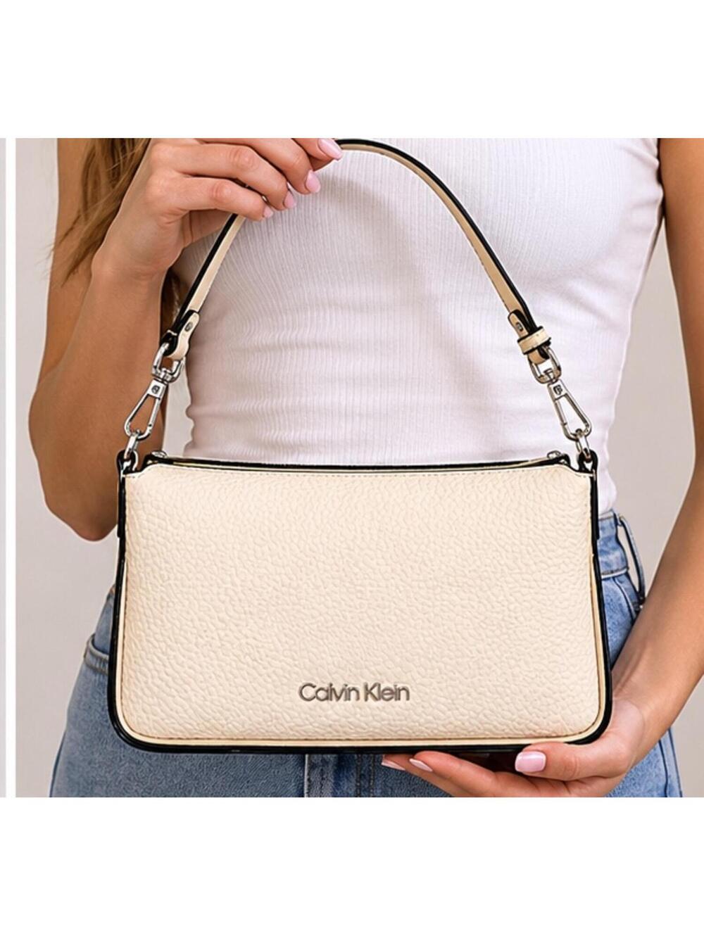 Calvin Klein Ivory Pebble Grain Shoulder Bag Cream Black Trim Purse
